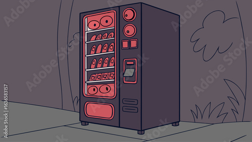 A cartoon vending machine with a quirky design featuring large eyes and a selection of snacks stands on a sidewalk at dusk
