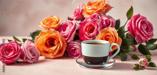 Fototapeta Naklejka Na Ścianę i Meble -  Steam rising from coffee beside vibrant roses on a soft, light background, texture, peaceful