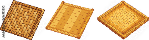 Three different designs of square woven wicker baskets for various uses
