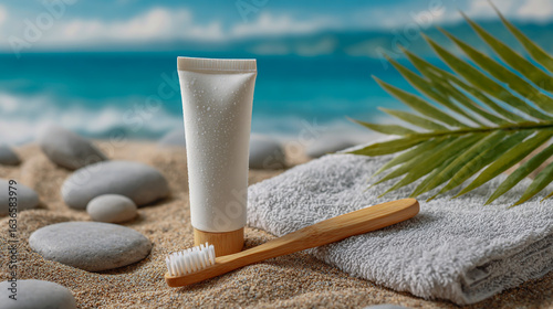 A white toothpaste tube and a bamboo-wood-colored toothbrush are placed on a beach towel, with a blue sea in the background, along with light-colored stones and a green palm leaf decoration. 