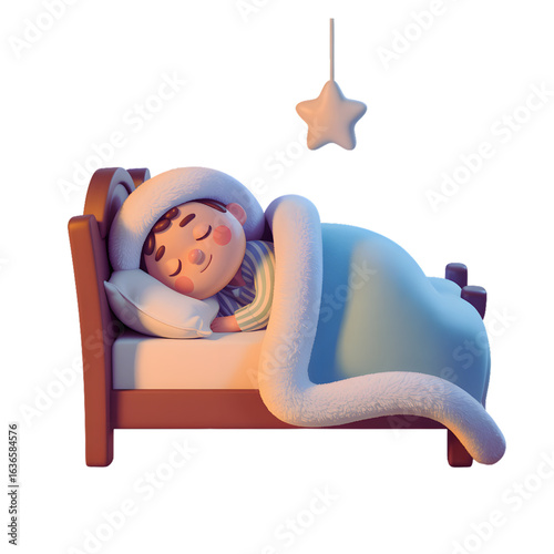 Cute 3D Cartoon Boy Sleeping in Bed with Star Mobile and Cozy Blanket