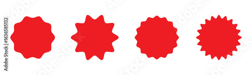 Set of red starburst, sunburst badges, Sale sticker, price tag, starburst icon set , Circle sticker set. Wavy edge promo red badges. Star burst shape tags for price. Red sale tag