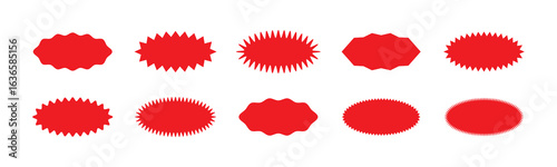Starburst red sticker set - collection of special offer sale oval and round shaped sunburst labels and badges. Red starburst, sunburst, stamp, seal, label or burst, badge, sticker.