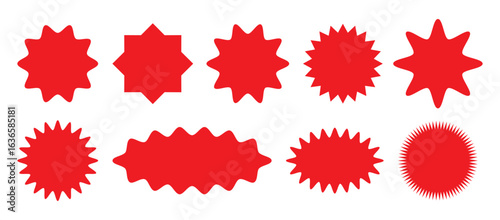 Set of red starburst, sunburst badges. Design elements - best for sale sticker, price tag, quality mark. Flat vector illustration isolated on white background.