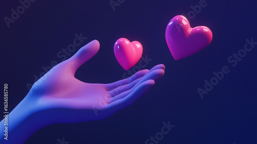 A glowing, purple-hued hand gracefully holds a pink heart, while another heart floats nearby in a dimly lit, dark blue-purple space, evoking a feeling of love.