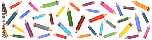 Colorful scattered pencils banner. Bright cartoon style drawing of multicolored pencils isolated on white background. Education, art, school, creativity, stationery, design background.