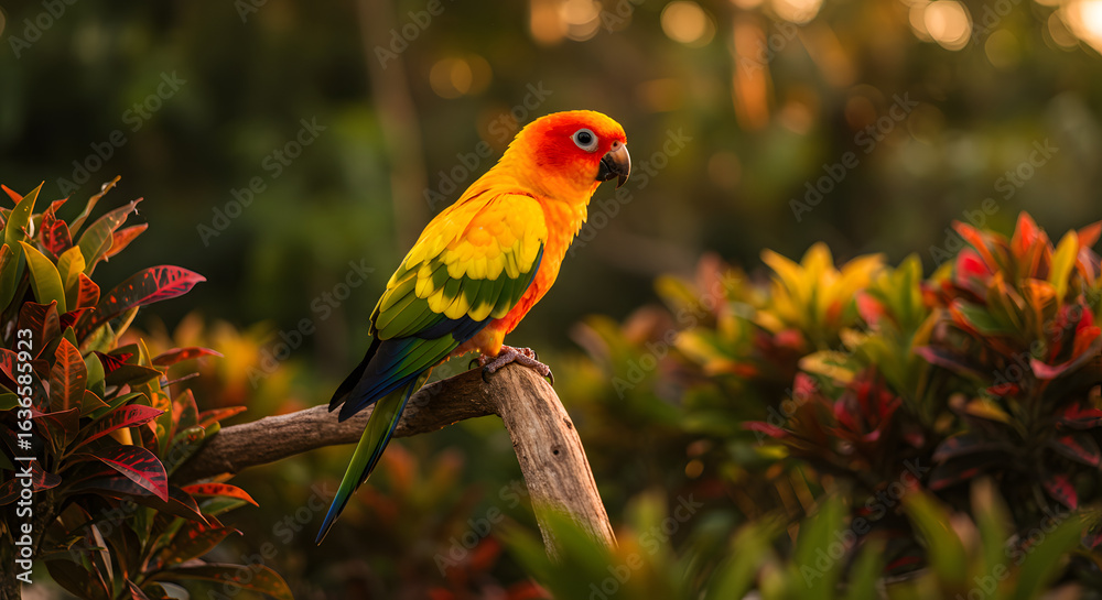 Obraz premium Vibrant Sun Conure Perched on a Branch, Surrounded by Lush Foliage and Warm Light