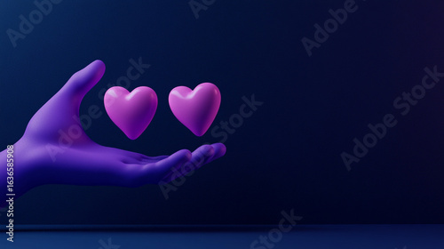A glowing, purple-hued hand gracefully holds a pink heart, while another heart floats nearby in a dimly lit, dark blue-purple space, evoking a feeling of love.