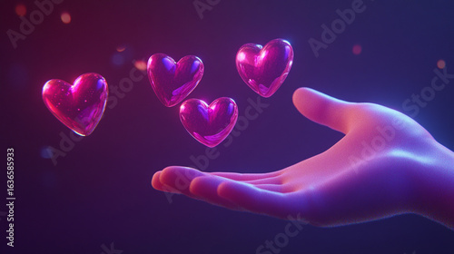 A glowing, purple-hued hand gracefully holds a pink heart, while another heart floats nearby in a dimly lit, dark blue-purple space, evoking a feeling of love.
