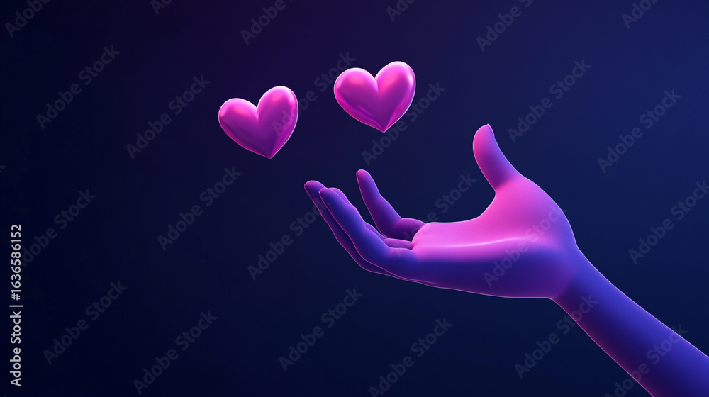 Obraz premium A glowing, purple-hued hand gracefully holds a pink heart, while another heart floats nearby in a dimly lit, dark blue-purple space, evoking a feeling of love.