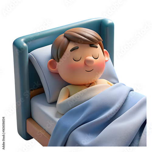 Adorable 3D Cartoon Boy Sleeping in Cozy Bed with Blanket and Peaceful Expression