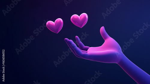 A glowing, purple-hued hand gracefully holds a pink heart, while another heart floats nearby in a dimly lit, dark blue-purple space, evoking a feeling of love.