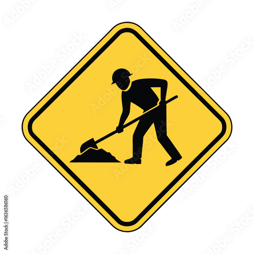 Construction Zone Silhouette: The hazard symbol depicts a worker diligently at work, as he digs with a shovel on a yellow cautionary sign in a graphic illustration.