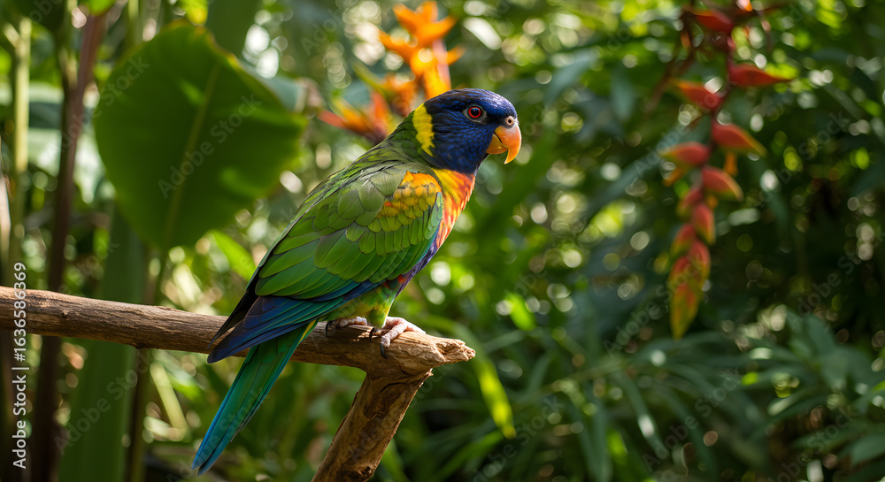 Obraz premium Vibrant Rainbow Lorikeet perched gracefully on branch in lush tropical setting