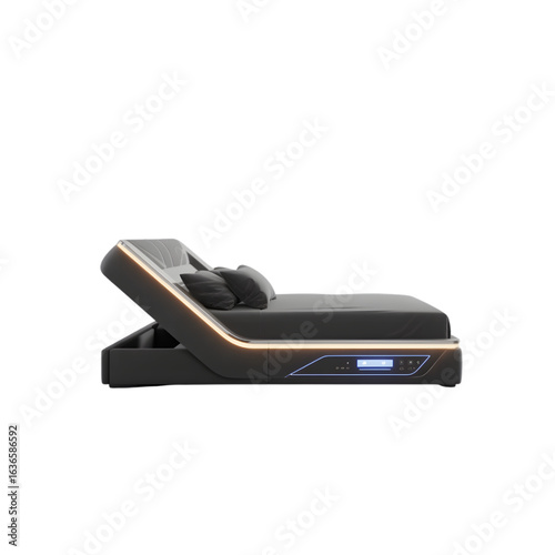 Black Futuristic Adjustable Smart Bed with LED Strip Lighting and Digital Touchscreen Control Panel Design