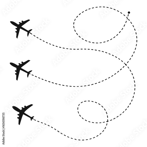Aviation Journeys: Silhouetted aircrafts traverse through the sky, leaving dotted trails that narrate the tale of global travel, charting paths of journeys and exploration.