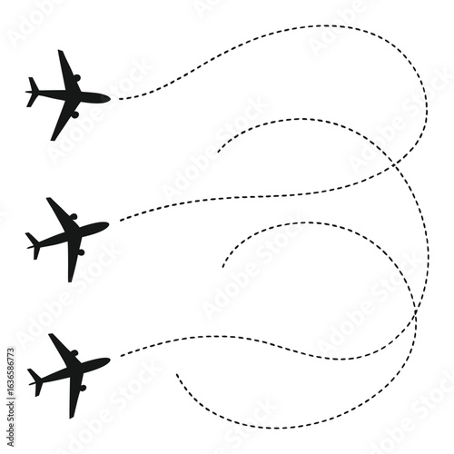 Air Travel Journey: A minimalistic depiction of multiple aircraft, illustrating diverse flight paths with dotted lines, suggesting travel, journey, and the freedom of flight. 