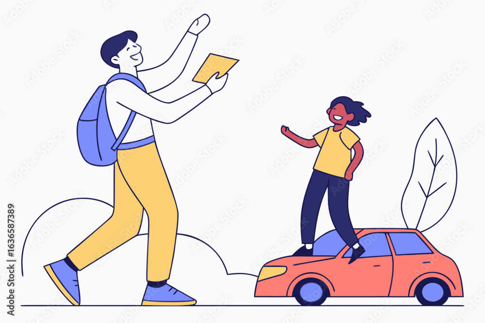Obraz premium Teenager smiling after passing the driving test at the Illinois DMV, holding certificate, modern flat illustration style