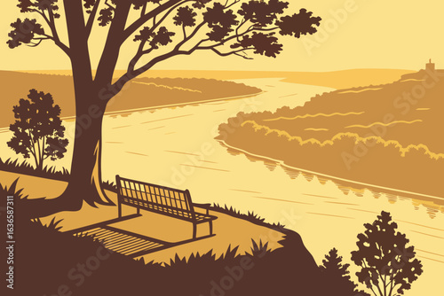 Mississippi River bluff view from Quincy Illinois with a park bench overlooking the water at sunrise