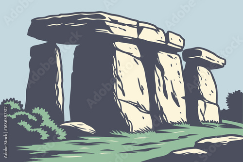Massive sandstone rock formations at Garden of the Gods Illinois with clear blue sky, modern flat illustration style