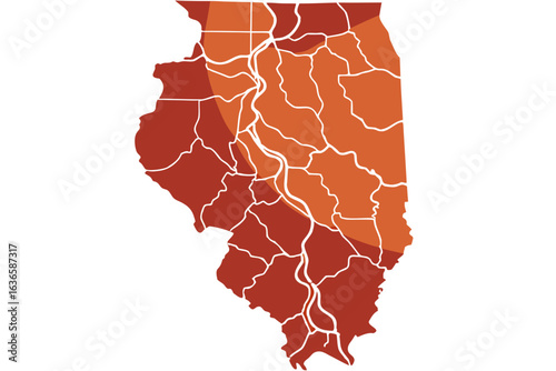 Map‑style Illinois silhouette with gradient overlay showing zones of flash flood alerts and rising river levels across the state