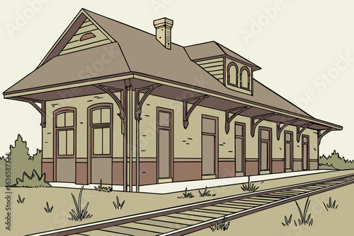 Old Cairo Illinois train depot with vintage architecture and weeds growing around, modern flat illustration style