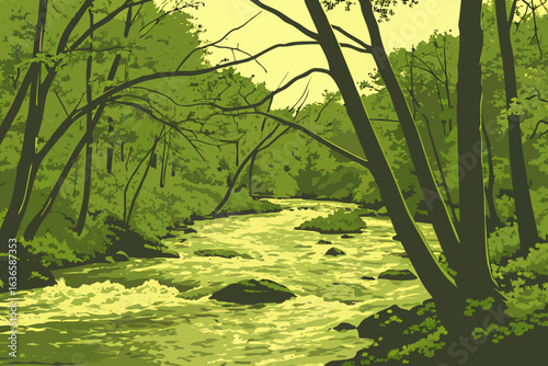 Overflowing creek in southeastern Illinois pushing through a forested area, tree trunks partially submerged as water surges downstream