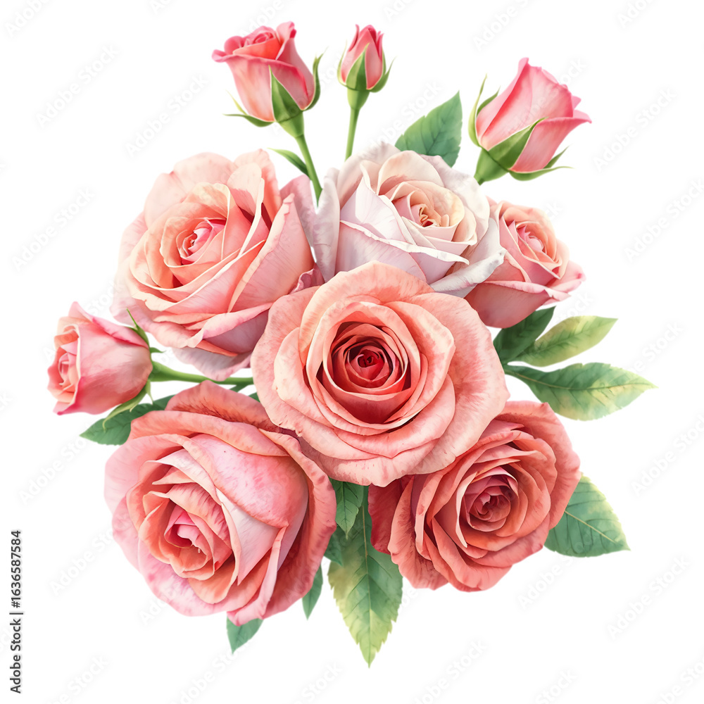 Fototapeta premium Beautiful bouquet of delicate pink roses and green leaves artfully arranged isolated on transparent background