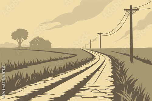 Abandoned rural road with reduced visibility due to a sudden dust storm illinois sweeping across farmland