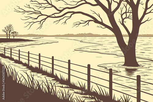 A swollen Illinois river overflowing its banks into nearby floodplain farmland, submerged fences and muddy waters stretching into the distance