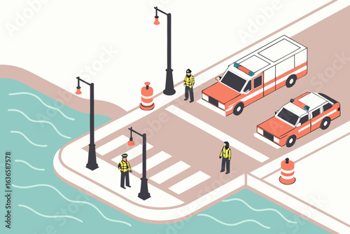 Emergency responders in action near Chicago'ss Lakeshore Drive, high water causing temporary road barriers, officers directing traffic