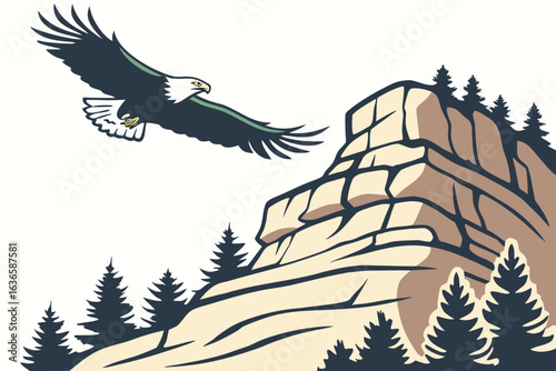Eagle flying above sandstone bluffs at Garden of the Gods Illinois with pine trees below, modern flat illustration style