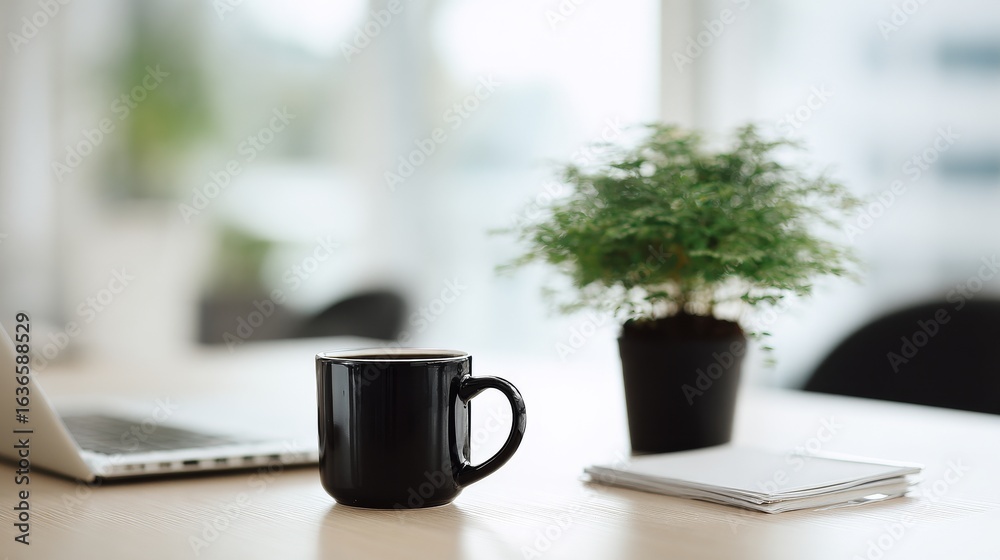 A black coffee mug sits on a wooden desk with a silver laptop and potted plant nearby, A black coffee mug sits on a wooden desk with a silver laptop and potted plant nearby,