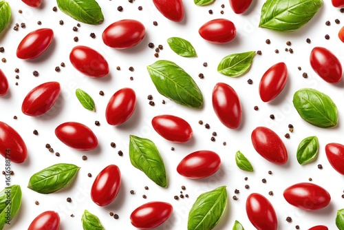 Wallpaper Mural Red cherry tomatoes, basil leaves, and peppercorns arranged on a white background in a repeating pattern Torontodigital.ca