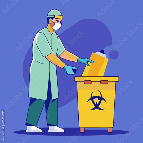 Healthcare worker in protective gear disposes of medical waste in biohazard bin