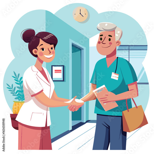 Two smiling healthcare professionals shaking hands in a hospital hallway