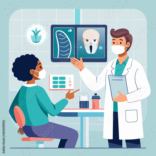 Doctor explains medical results to patient wearing face mask