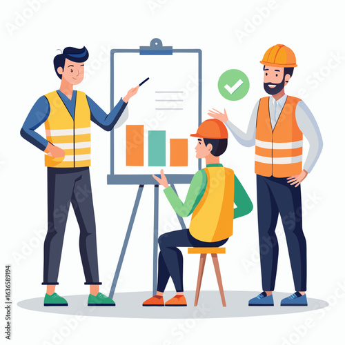 Construction workers in safety vests and hard hats attend a presentation with a bar chart