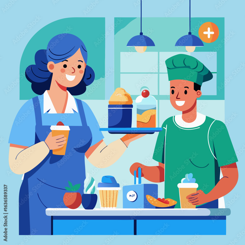 Friendly barista and chef serving delicious treats and drinks Friendly barista and chef serving delicious treats and drinks