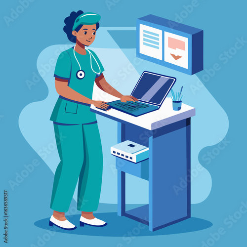 Female doctor in scrubs using a laptop at a medical station