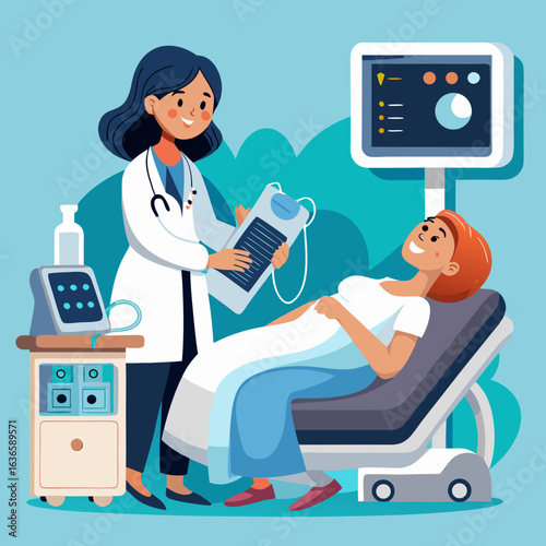 Doctor performing ultrasound on a pregnant woman in a medical clinic