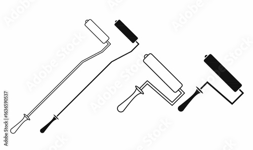 Vector set of paint rollers in outline and solid styles, including long-handle and short-handle types, ideal for painting tools, renovation, and DIY graphics.