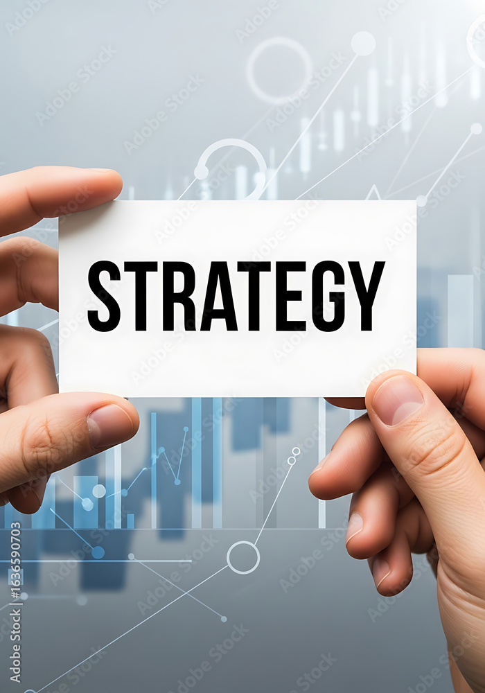 Hands holding a card with the word strategy against a business background Hands holding a card with the word strategy against a business background
