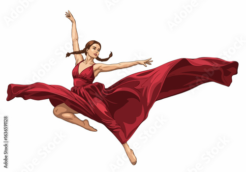 Energetic young woman in a flowing red dress leaping in a graceful dance move against a white background with copy space.