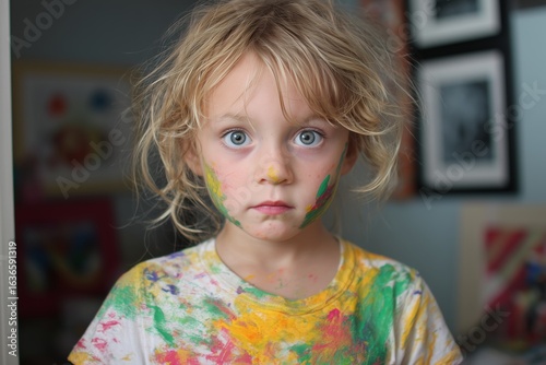Portrait of a messy child covered in colorful paint, enjoying creative playtime