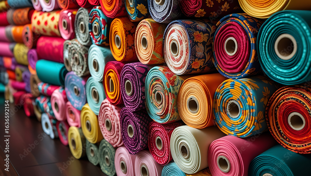 Fototapeta premium Colorful Rolls of Patterned Fabric in Vibrant Display,Floral, Paisley, and Geometric Textiles on Wooden Background