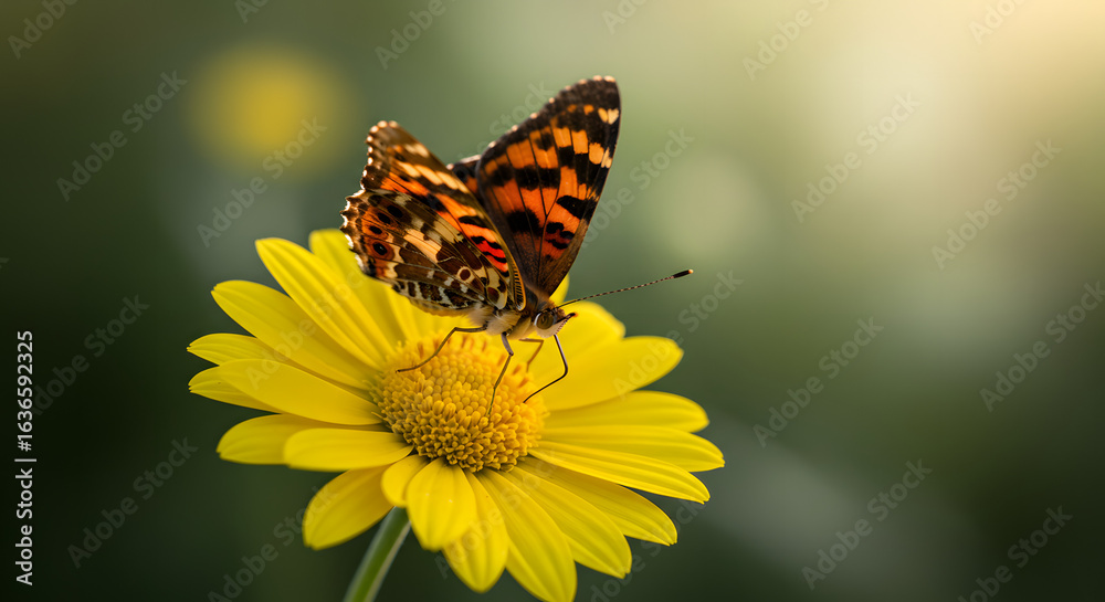 Obraz premium Delicate butterfly resting gracefully on a vibrant yellow daisy flower in a natural setting