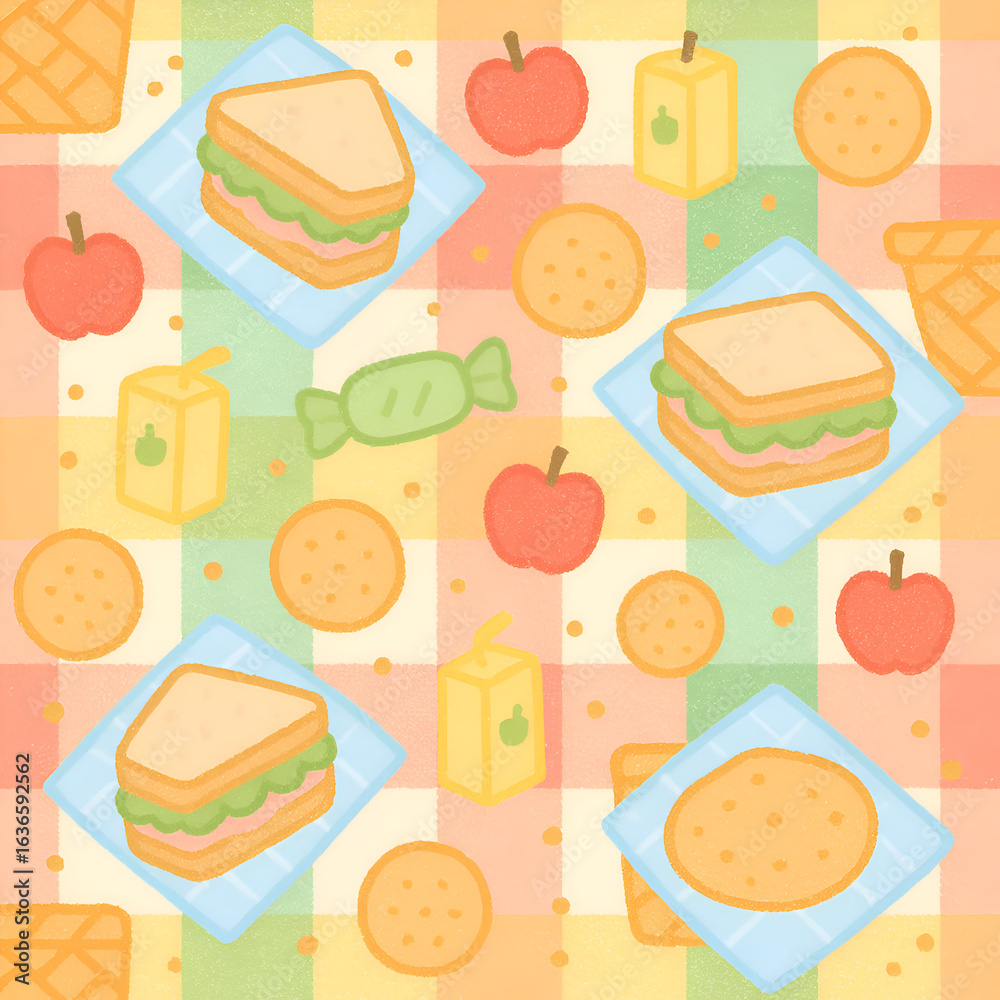 Fototapeta premium Cute Illustrated Picnic Food Pattern with Textured Sandwiches Apples and Juice Boxes.