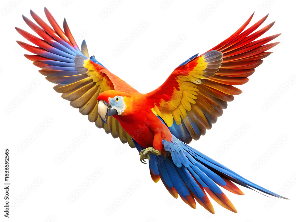 Fototapeta premium flying scarlet macaw parrot isolated on white background PNG , AI GENERATED