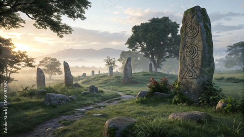Photo of ancient celtic standing stones of callanish circle on isle of lewis at dawn with mist rolling between monoliths